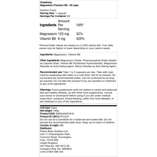 Grassberg - Μαγνήσιο Premium B6 - 60 κάψουλες