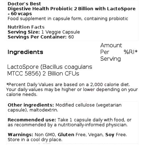 Digestive Health Probiotic 2 Billion with LactoSpore - 60 vcaps