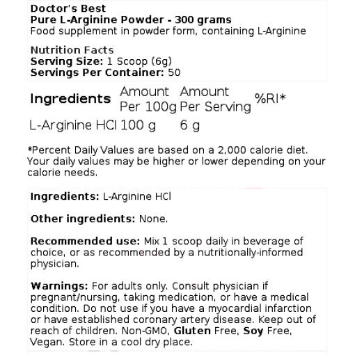 Pure L-Arginine Powder - 300 grams