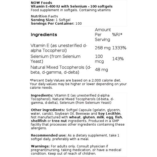 Vitamin E-400 IU with Selenium - 100 softgels