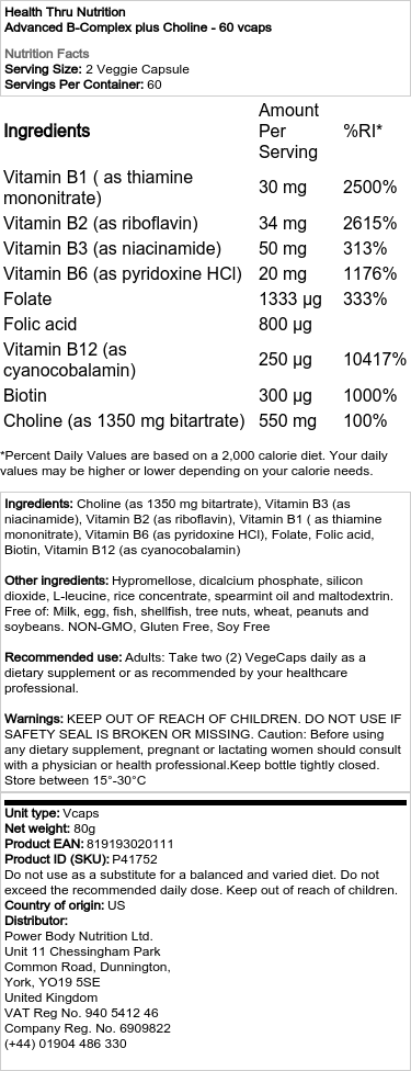 Health Thru Nutrition Advanced B-Complex Plus Choline - 60 Capsules - Image 2