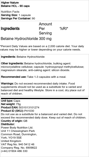 Higher Nature - Betaine HCl - 90 Capsules - Image 2