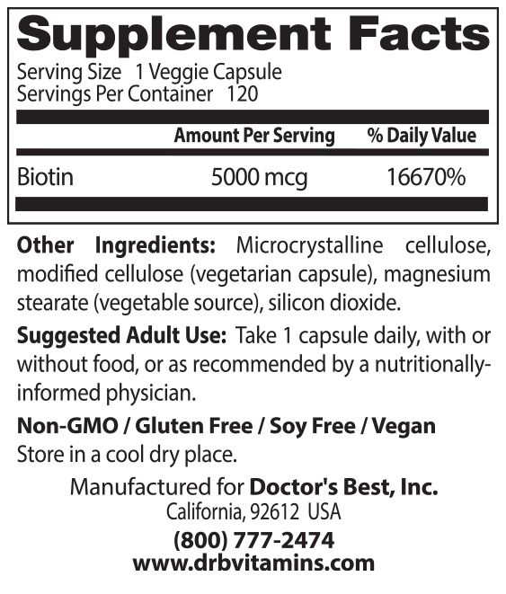 Doctor's Best - Biotin, 5000 mcg - 120 Veggie Capsules - Image 5