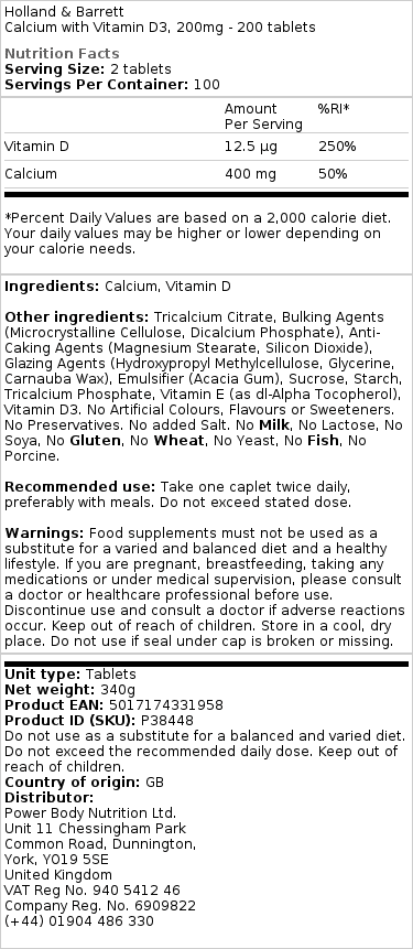 Holland & Barrett - Calcium with Vitamin D, 200 mg - 200 Tablets - Image 3