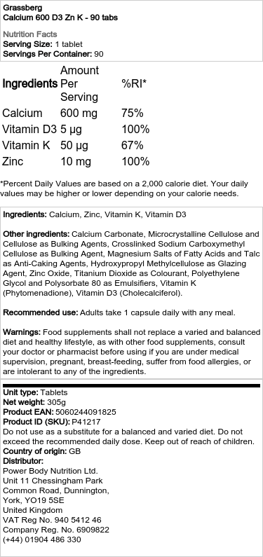 Grassberg - Calcium 600 D3 Zn K - 90 Tablets - Image 2