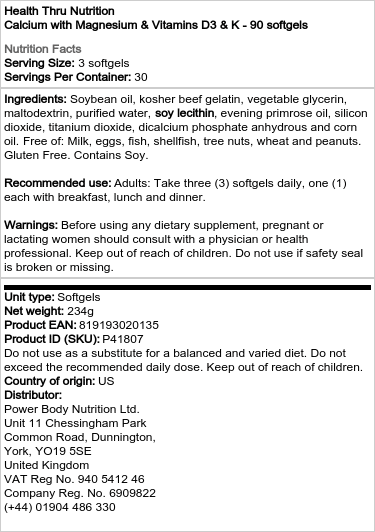 Health Thru Nutrition Calcium with Magnesium, Vitamin D3 and K2 - Bone & Mineral Support - 90 Softgels - Image 2