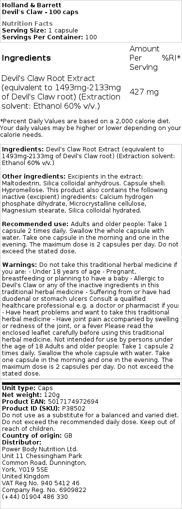 Holland & Barrett - Devil's Claw - 100 Capsules - Image 2