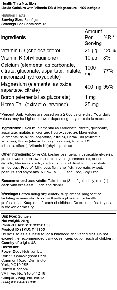 Health Thru Nutrition Liquid Calcium with Vitamin D3 and Magnesium - 100 Softgels - Image 2