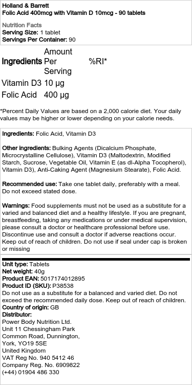 Holland & Barrett - Folic Acid 400mcg with Vitamin D 10mcg - 90 Tablets - Image 2