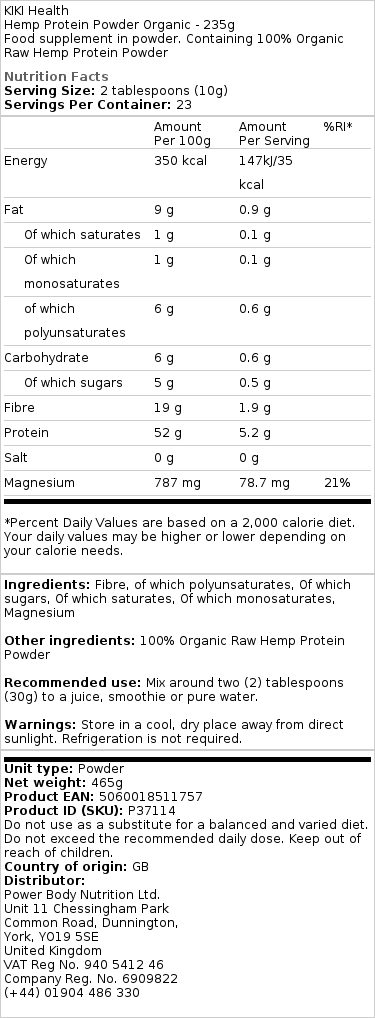 KIKI Health - Hemp Protein Powder Organic - 235g - Image 2