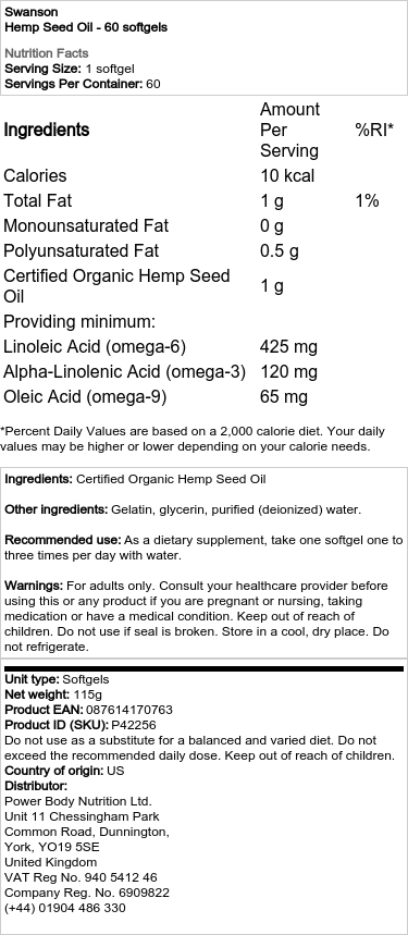 Swanson Hemp Seed Oil - Premium Nutritional Support - 60 Softgels - Image 2