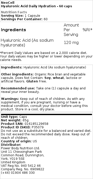 NeoCell - Hyaluronic Acid Daily Hydration - 60 Capsules - Image 2