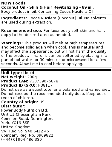 NOW Foods - Coconut Oil - Revitalizing for Skin and Hair - 89 ml - Image 2