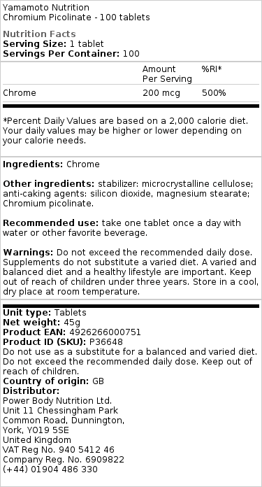 Yamamoto Nutrition - Chromium Picolinate - 100 Tablets - Image 3