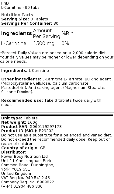 PhD L-Carnitine 90 Tablets - Energy & Performance Support - Image 2
