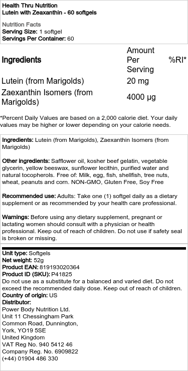 Health Thru Nutrition - Lutein with Zeaxanthin - 180 Softgels - Image 2