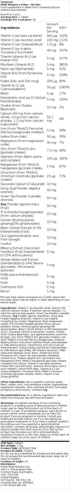 Swanson Prime Multivitamin for Women - 90 Tablets - Image 2