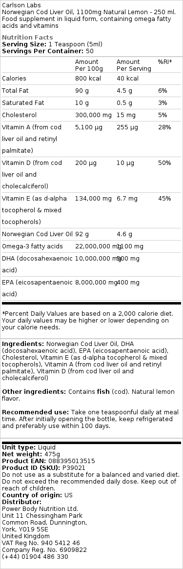 Carlson Labs - Norwegian Cod Liver Oil, 1100mg Unflavored - 500 ml - Image 3