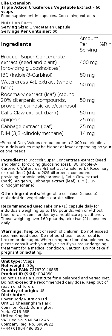 Life Extension - Triple Action Cruciferous Vegetable Extract - 60 Vcaps - Image 2