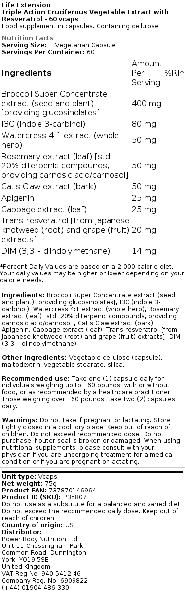 Life Extension - Triple Action Cruciferous Vegetable Extract with Resveratrol - 60 Vcaps - Image 2