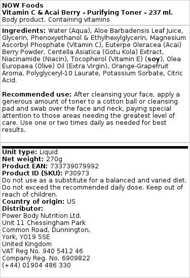 NOW Foods - Vitamin C & Acai Berry Purifying Toner - 237 ml - Image 2