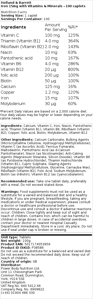 Holland & Barrett - Iron 15mg with Vitamins and Minerals - 100 Capsules - Image 2